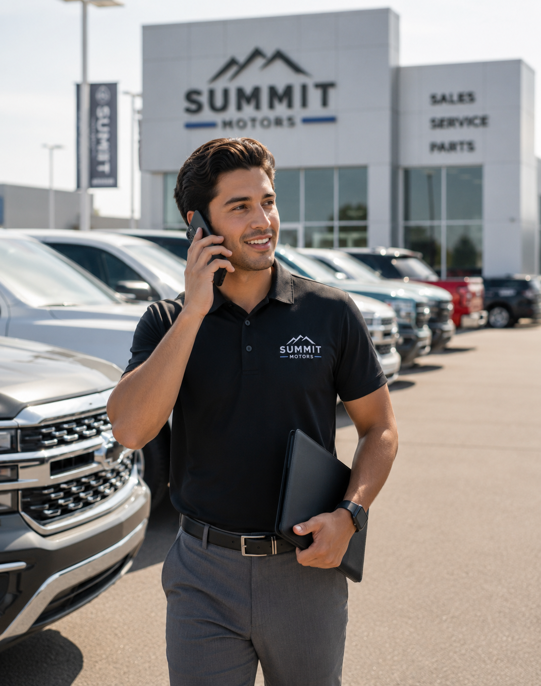 A dealership salesperson taking a business call on a mobile phone on the lot