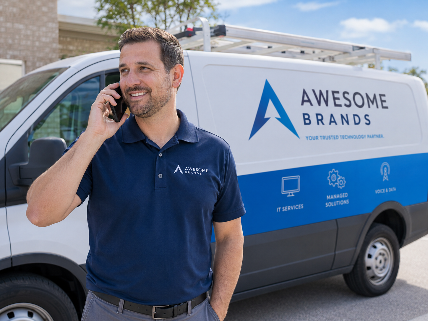 A field technician taking a business call on a mobile phone beside a service van