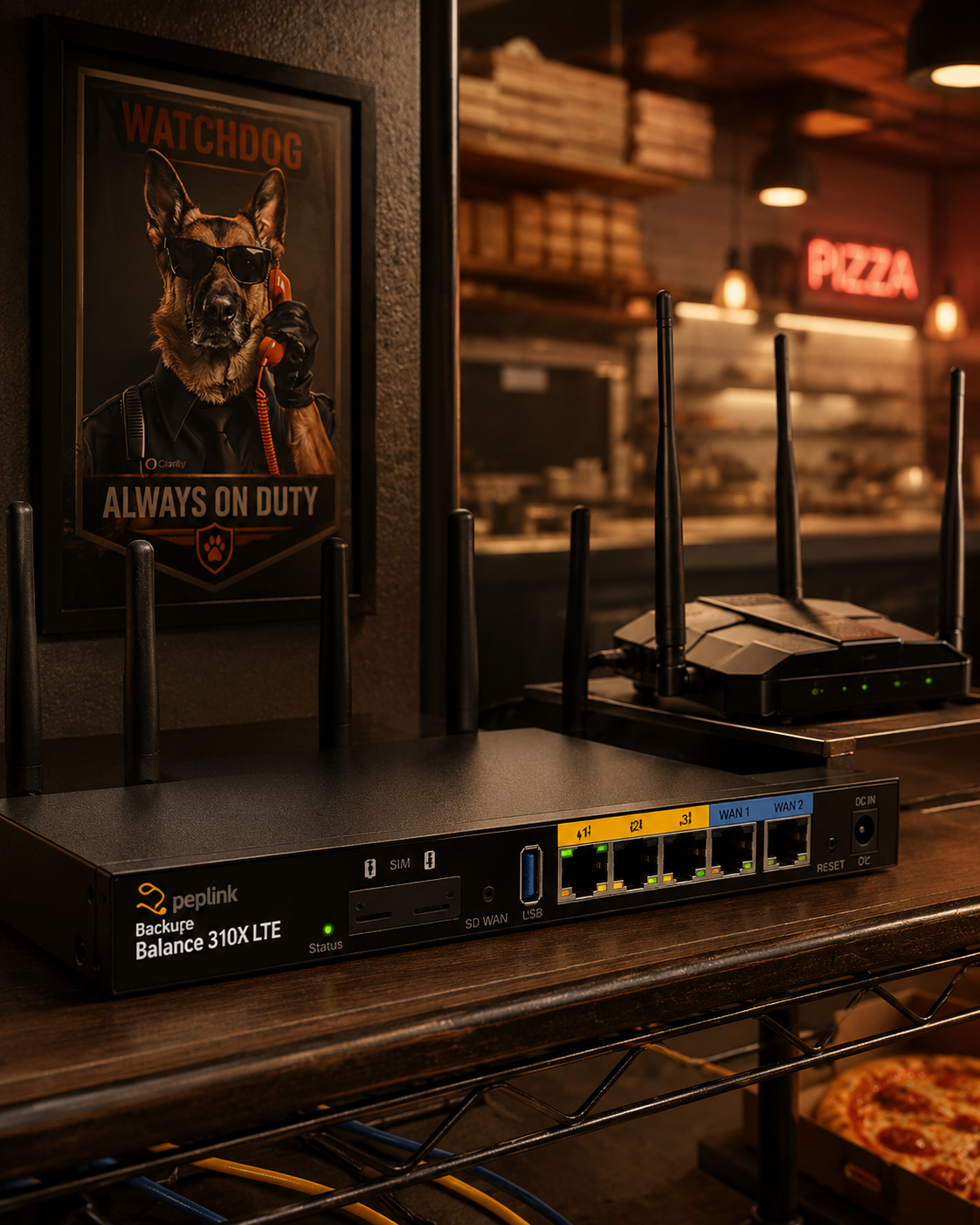 A PizzaPhones LTE failover router on a shelf in a pizzeria beneath a Watchdog poster