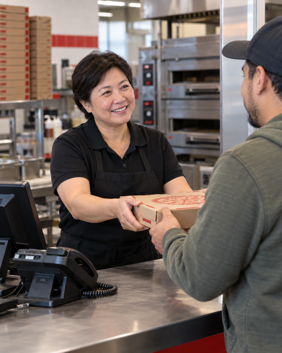 A pizzeria team member smiling as she hands a boxed pizza to a customer at the counter
