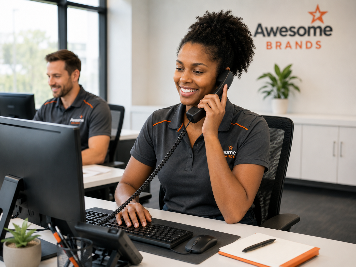 A business professional taking a customer call at her desk on an office phone
